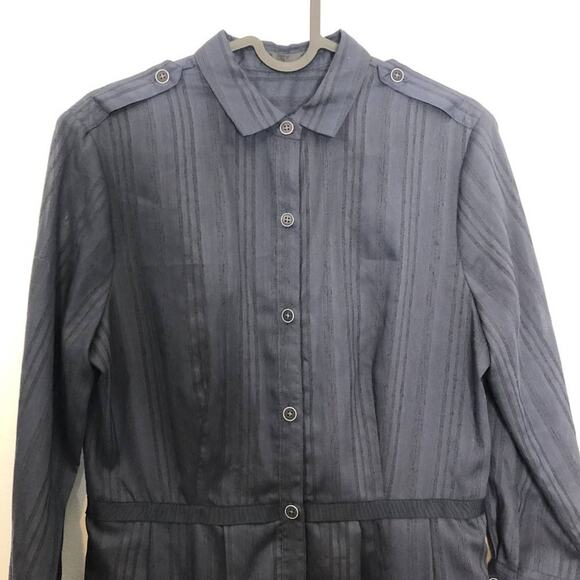 ATM Shirt Dress Pockets Pleated Stripe Button Navy Midi Knee Length Small - Picture 4 of 10